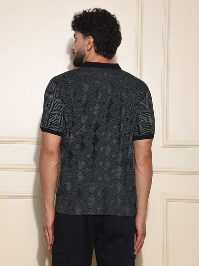 Black Printed Polo-Neck T-Shirt