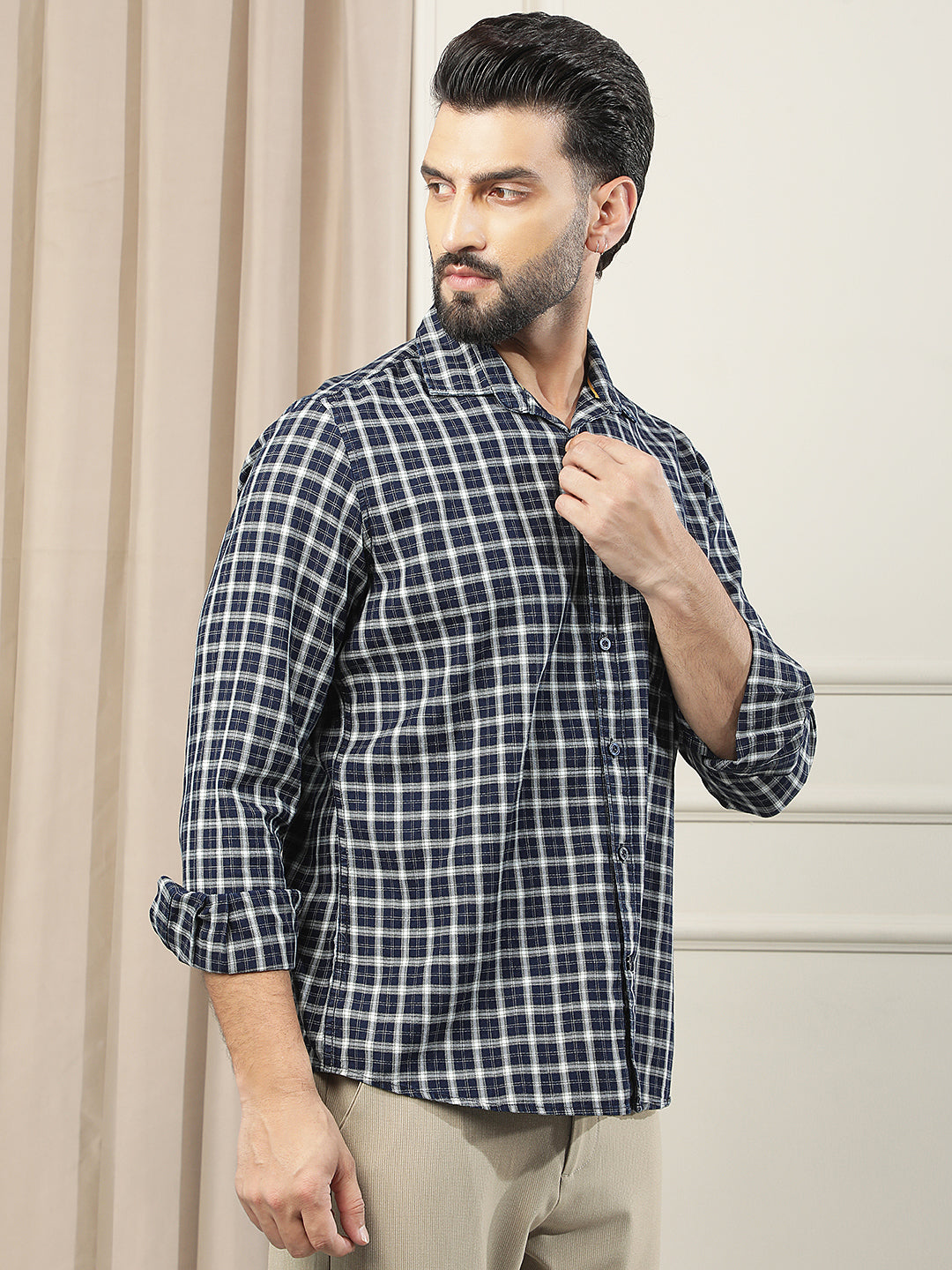 Navy Blue 100% Cotton Checked Shirt