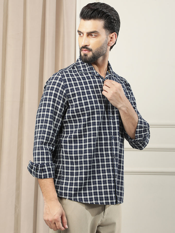Navy Blue 100% Cotton Checked Shirt