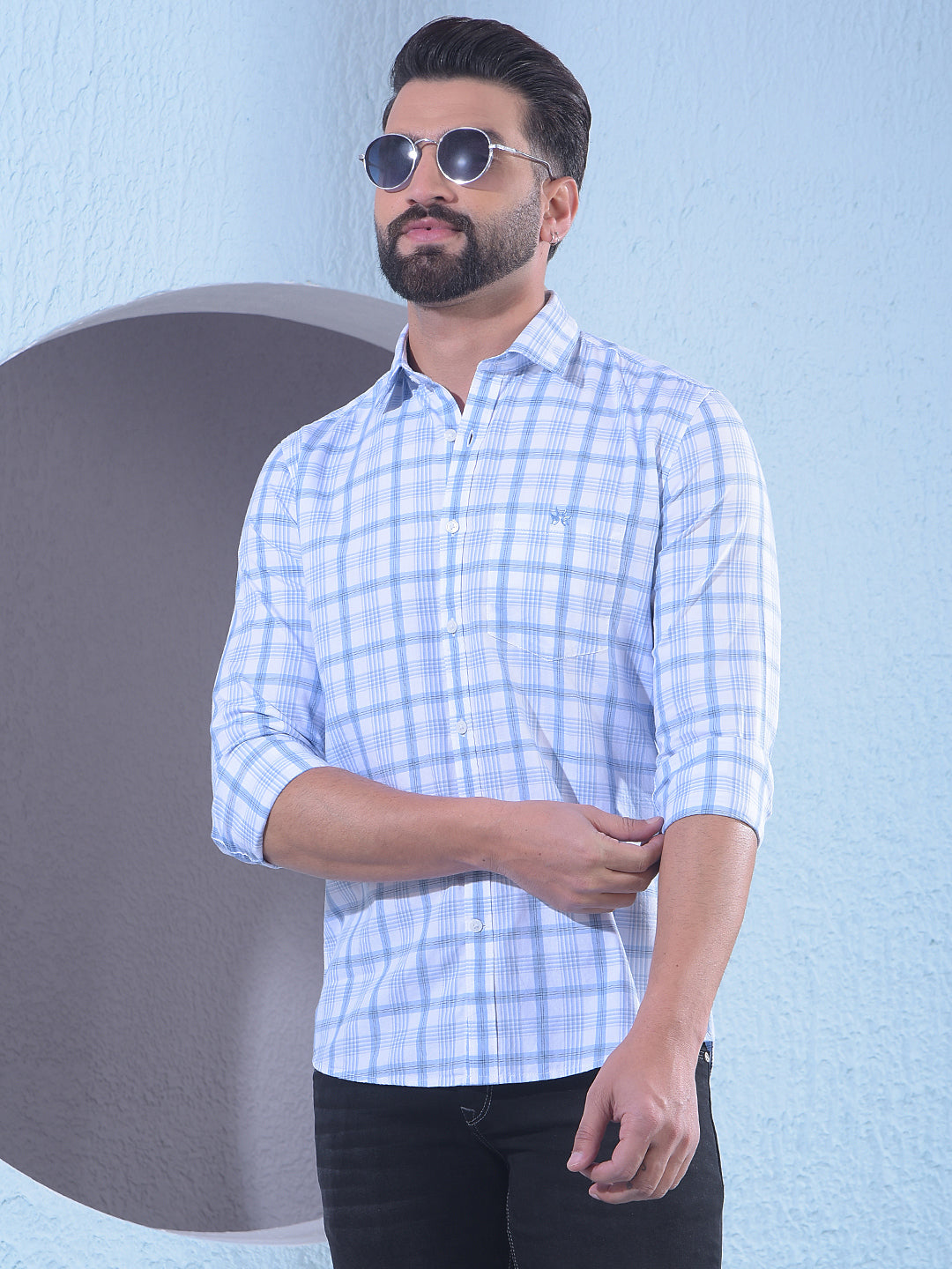 Blue 100% Cotton Checked Shirt