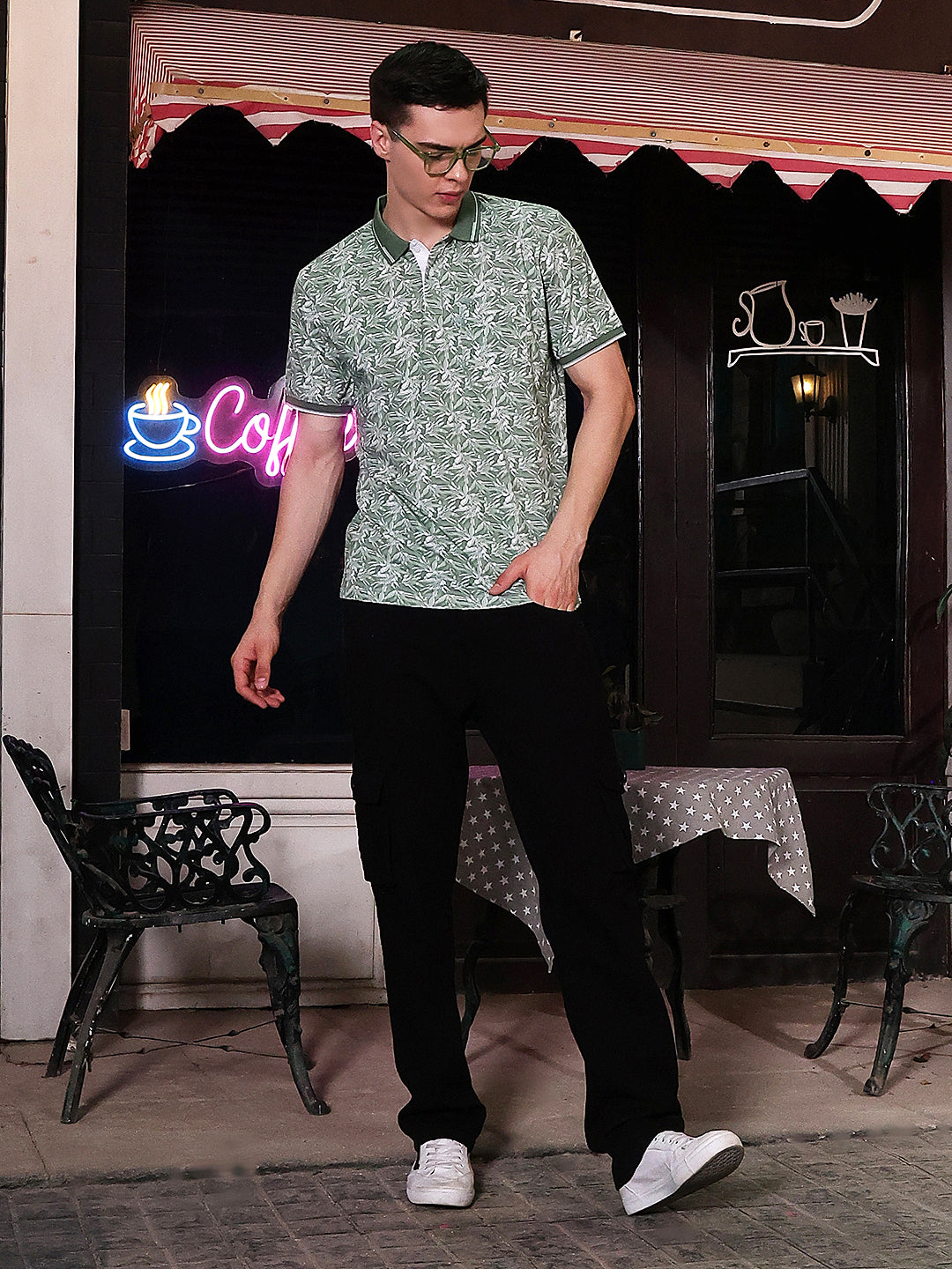Green Botanical Print Polo Neck T-Shirt