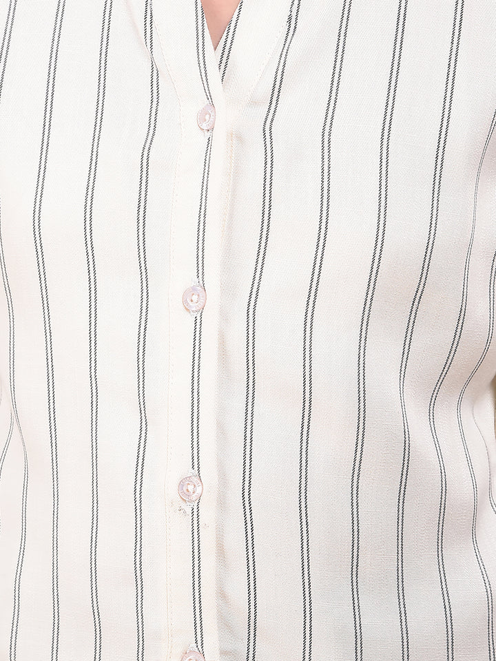 Off White Vertical Stripes Mandarin Neck Shirt