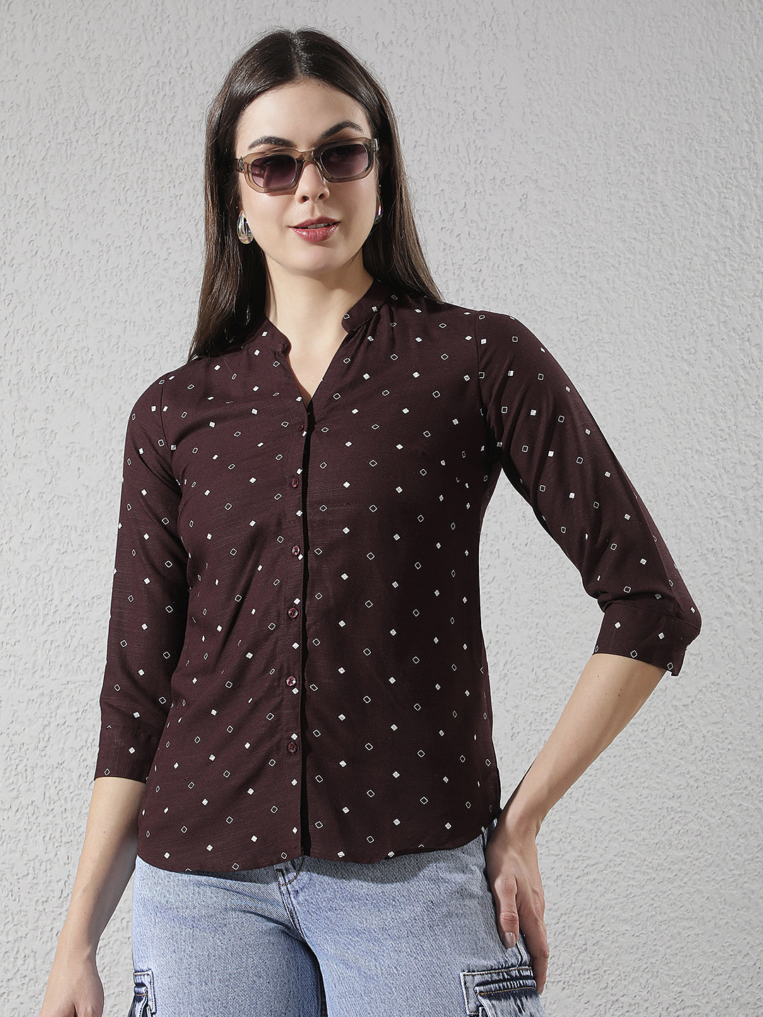 Wine Printed V-Neck Linen Shirt