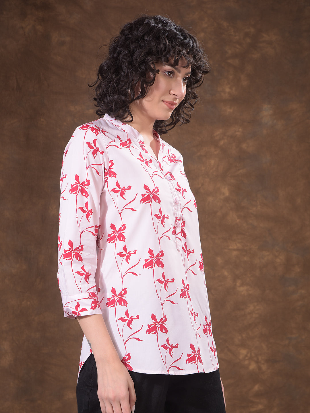 Red Modal Floral Print V-Neck Top
