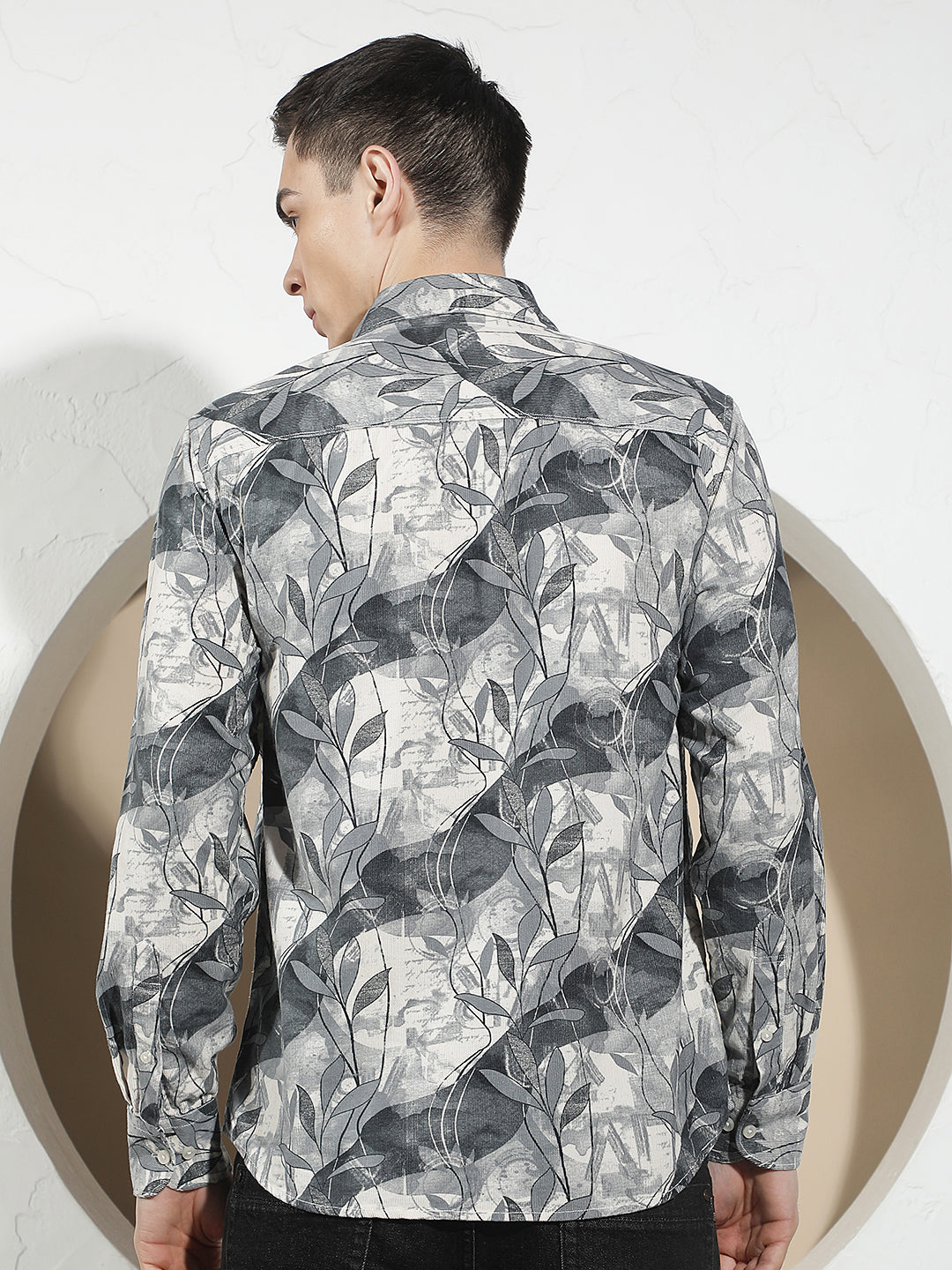 Grey Floral Print 100% Cotton Corduroy Shirt