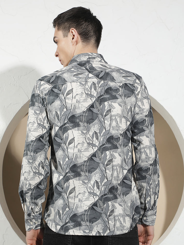 Grey Floral Print 100% Cotton Corduroy Shirt