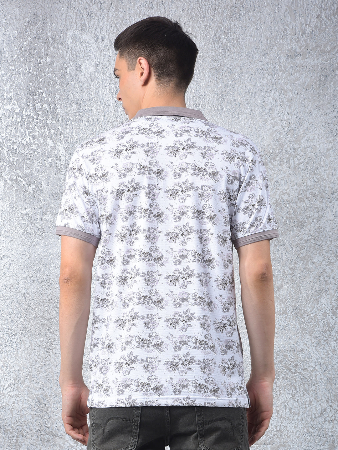 White Floral Print Polo Neck T-Shirt