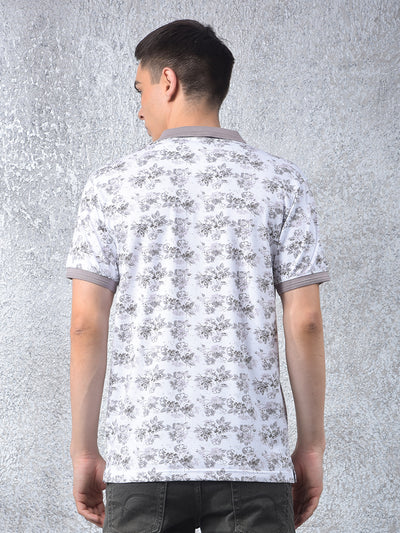 White Floral Print Polo Neck T-Shirt