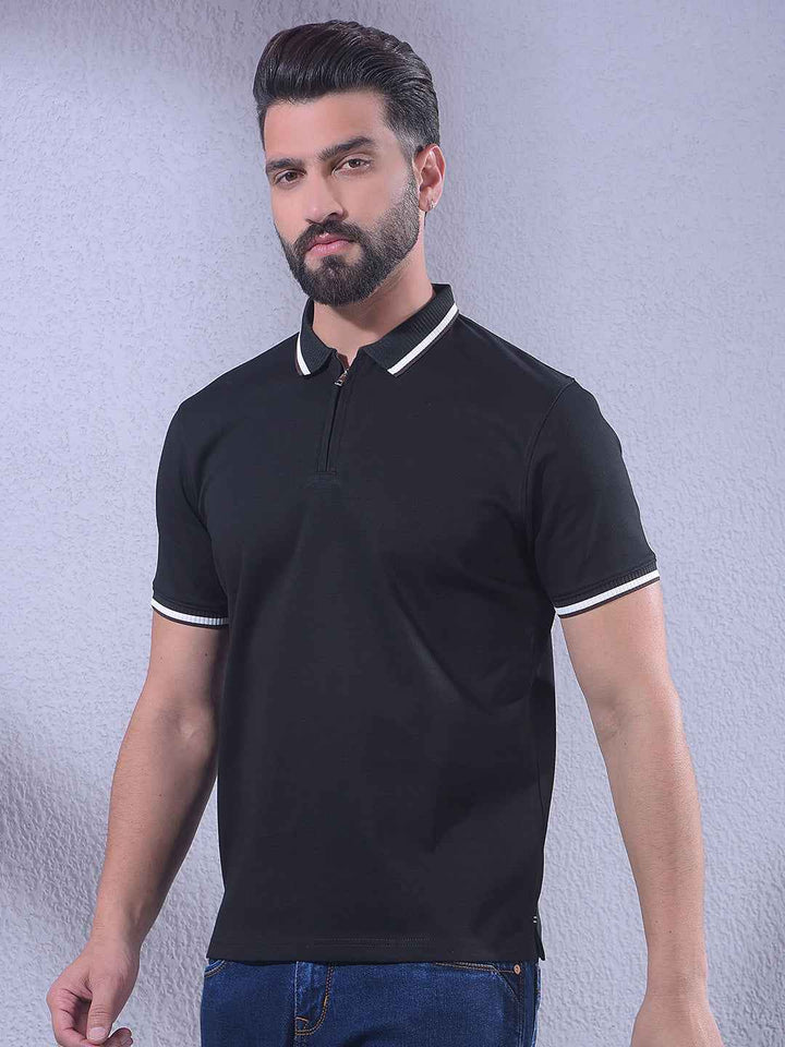 Sharp Black Pique Zipper Polo T-Shirt
