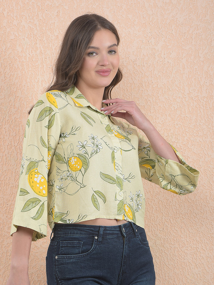 Printed Linen Yellow Crop Shirt With Extended Sleeves