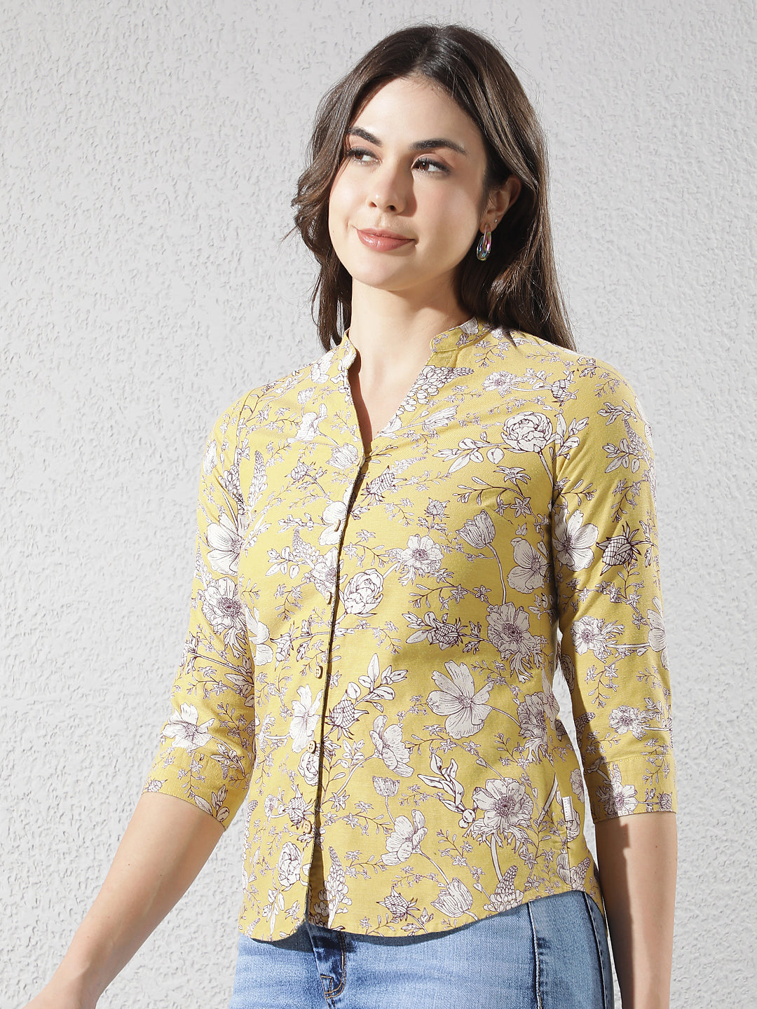 Wine Floral Print V-Neck Linen Shirt