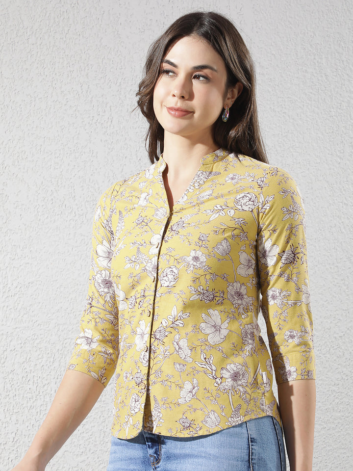 Wine Floral Print V-Neck Linen Shirt