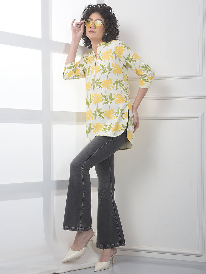 Yellow Floral Print V-Neck Linen Top
