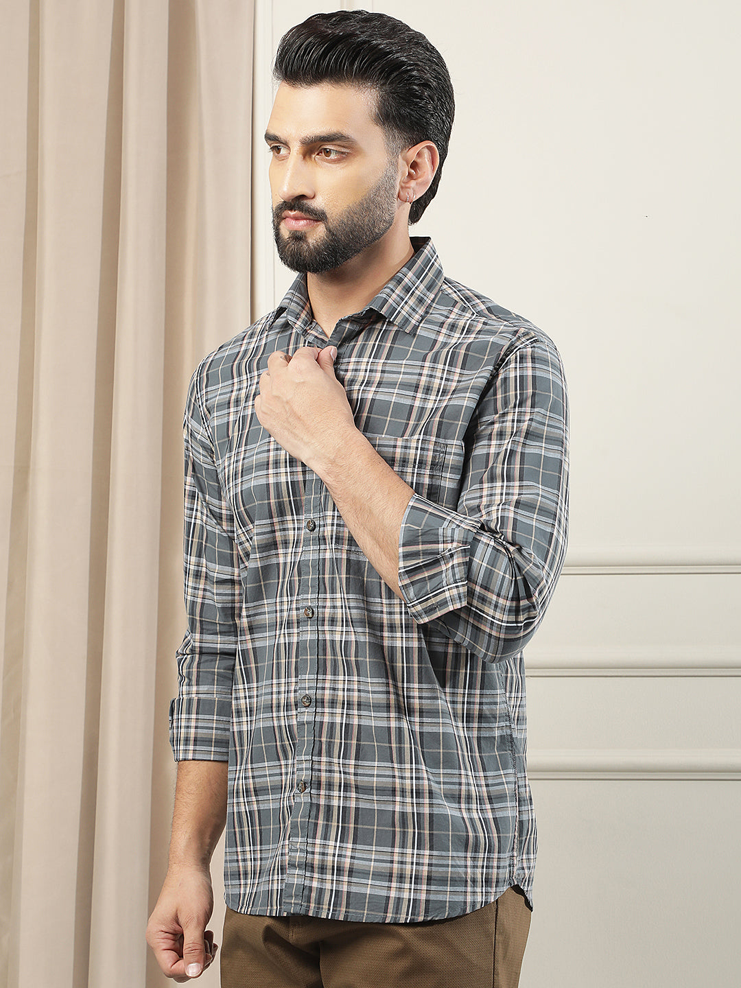 Grey Checked 100% Cotton Shirt