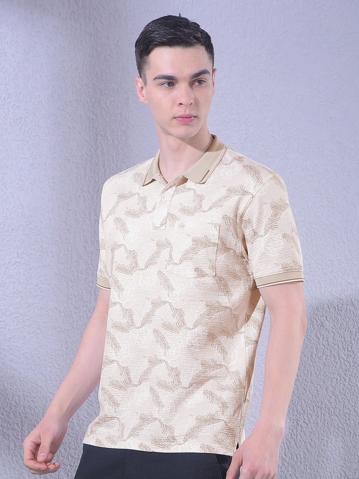 Beige Floral Print Polo Neck T-Shirt