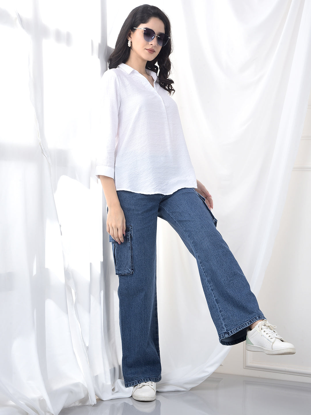 Ivory White Crinkled Textured Relaxed Fit Top