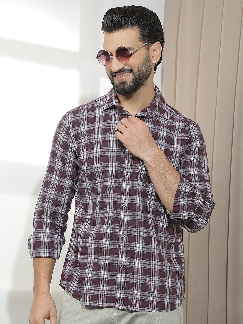 Wine 100% Cotton Checked Shirt