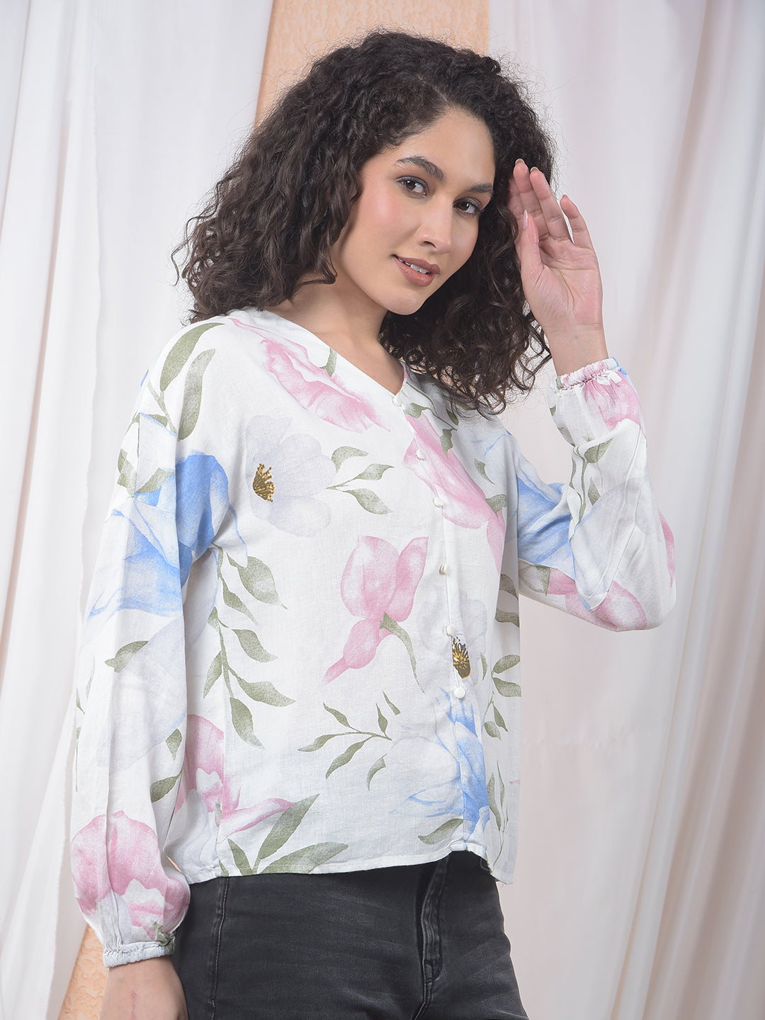 Printed Linen V-Neck Green Shirt