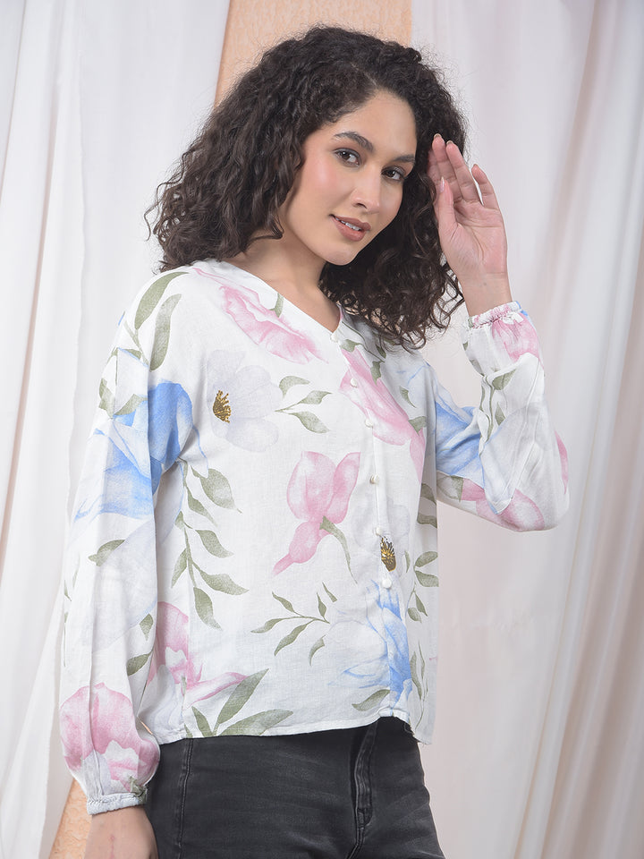 Printed Linen V-Neck Green Shirt