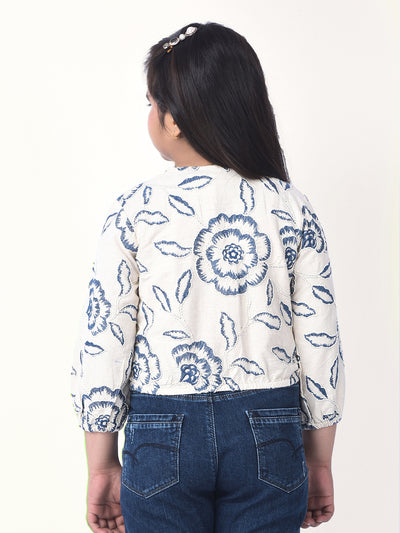 Blue Embroidered Linen Crop-Top