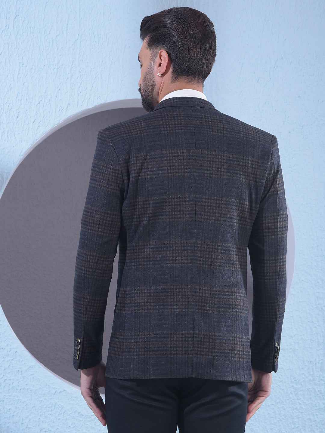 Brown Checked Notched Lapel Single Breasted Blazer