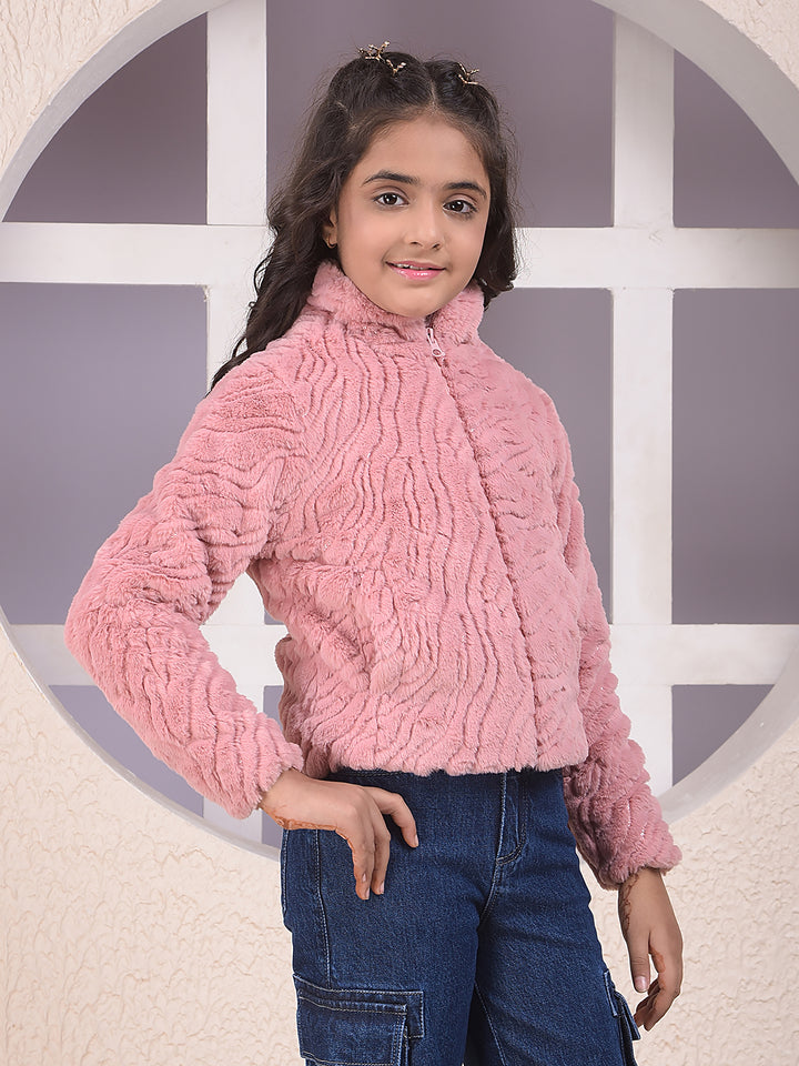 Pink Embellished High Neck Fur Jacket