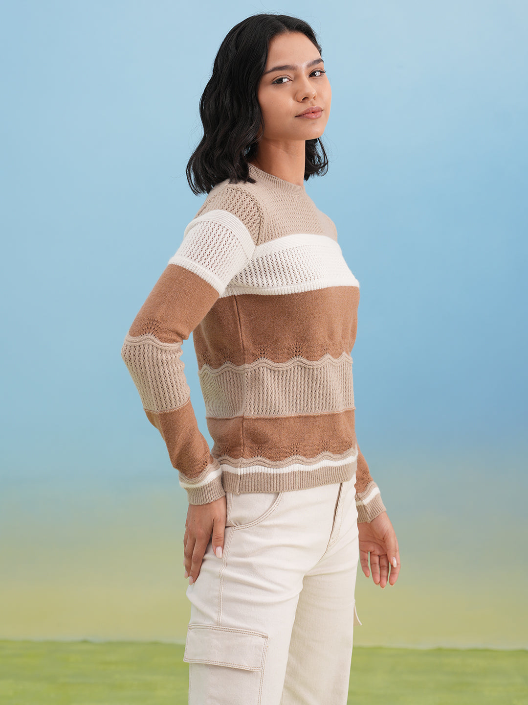Sand Beige Textured Color-Block Sweater