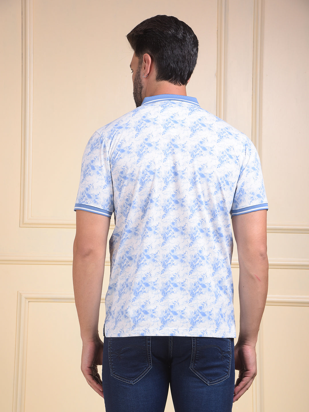 Blue Floral Print Polo Neck T-Shirt