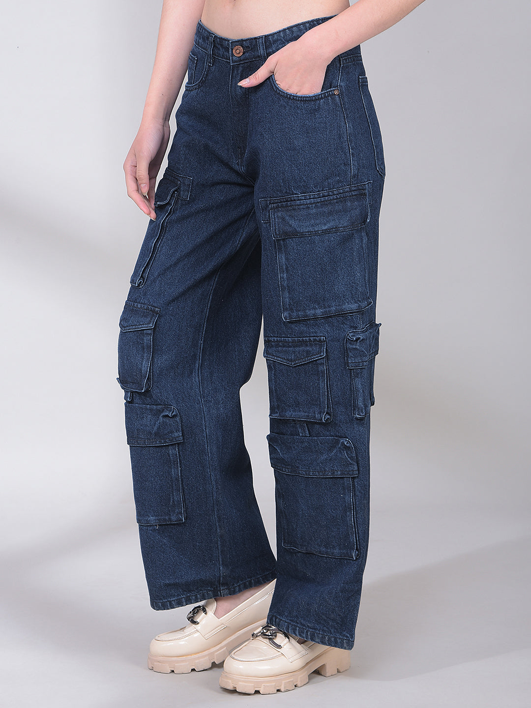 Blue 100% Cotton Cargo Jeans-Women Jeans-Crimsoune Club