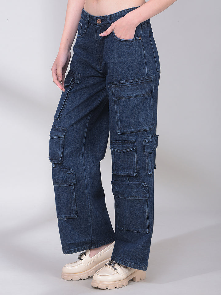 Blue 100% Cotton Cargo Jeans-Women Jeans-Crimsoune Club