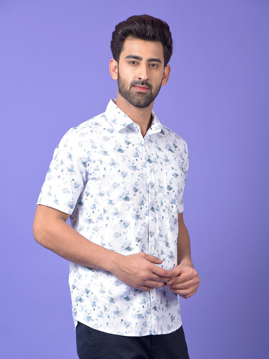 Blue Floral Print 100% Cotton Shirt