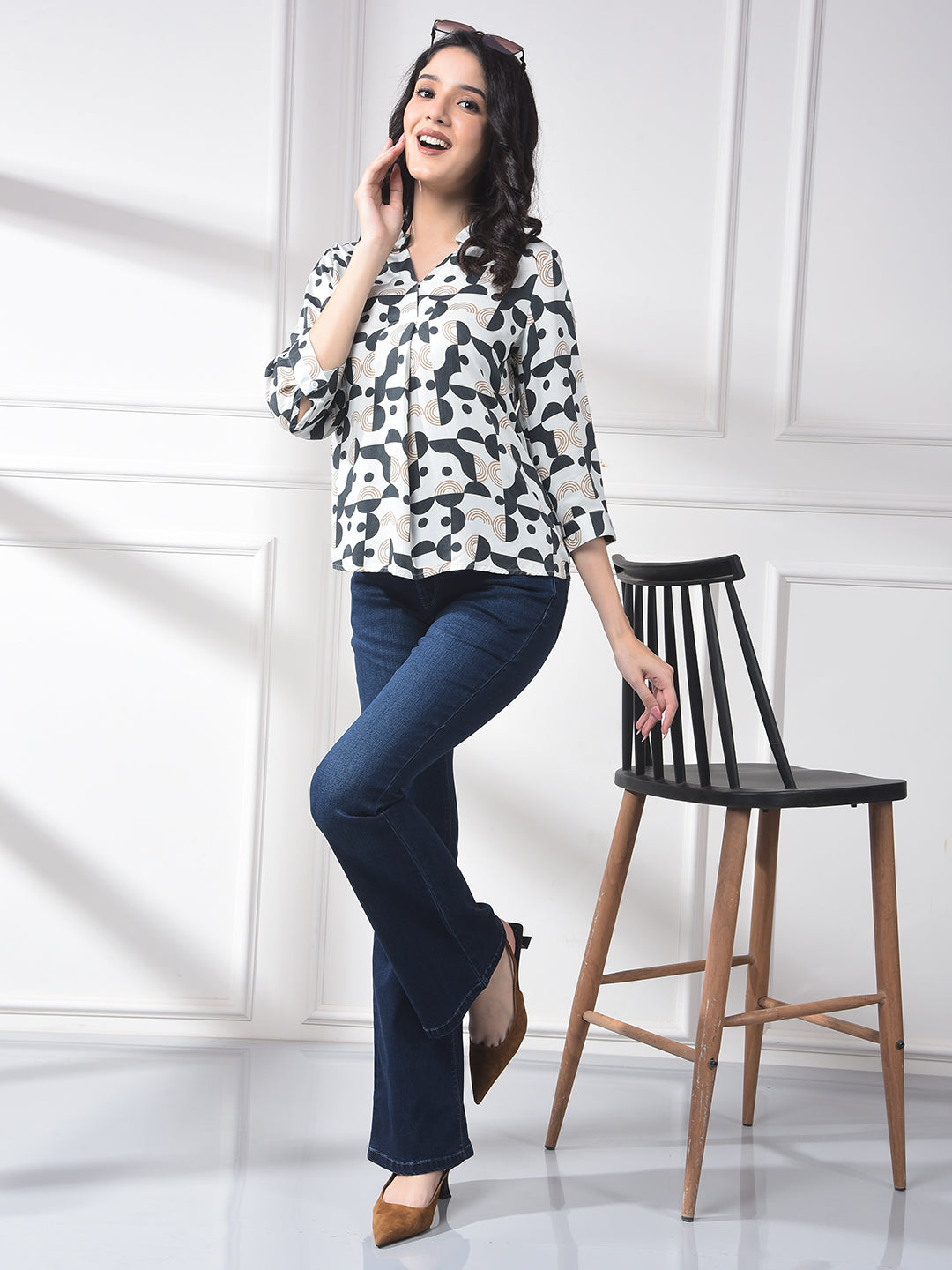 White Printed 100% Modal V-Neck Top