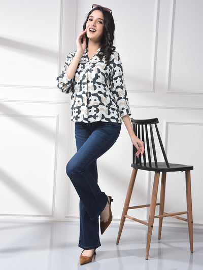 White Printed 100% Modal V-Neck Top