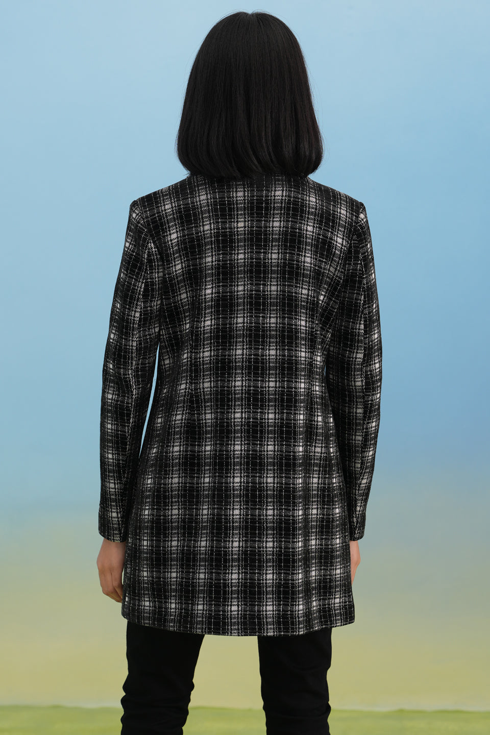 Black Checked Notched-Lapel Double-Breasted Coat