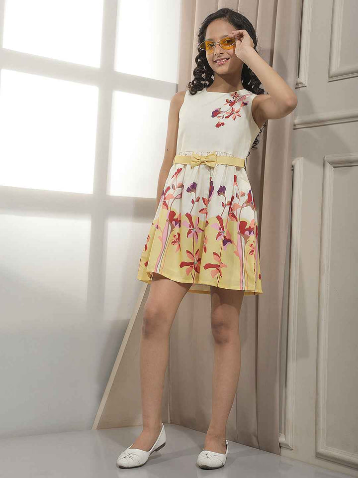 Yellow Floral Printed Above knee Length Dress with Belt