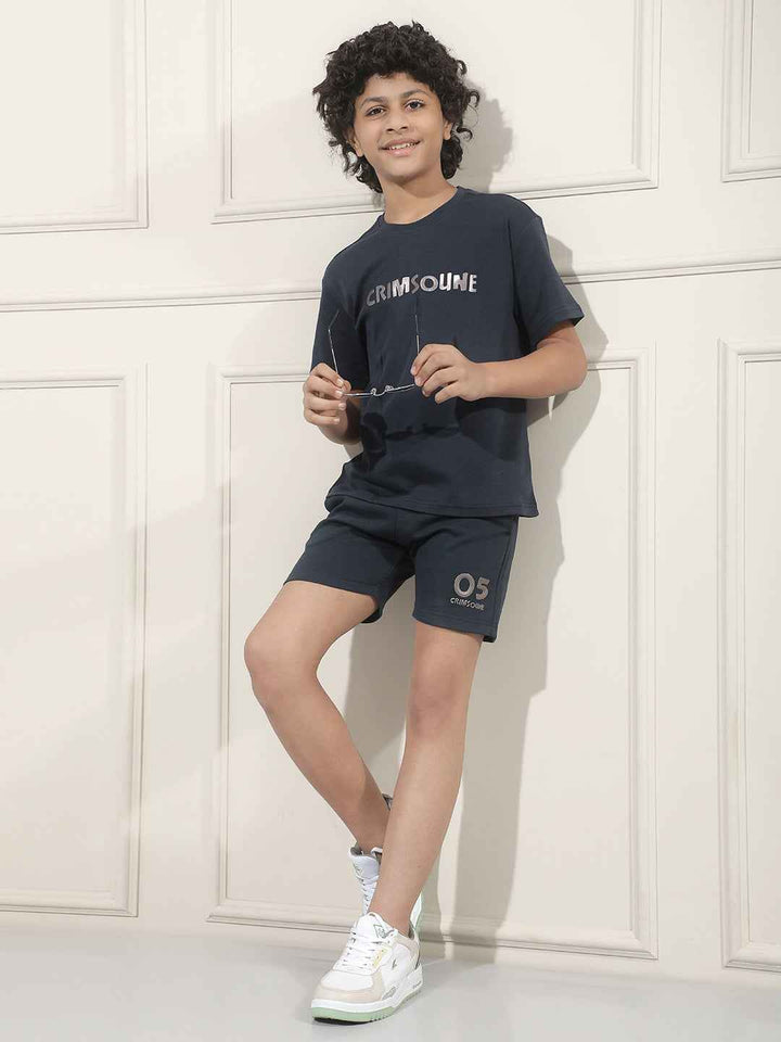 Navy Blue Typographic Print 100% Cotton T-Shirt