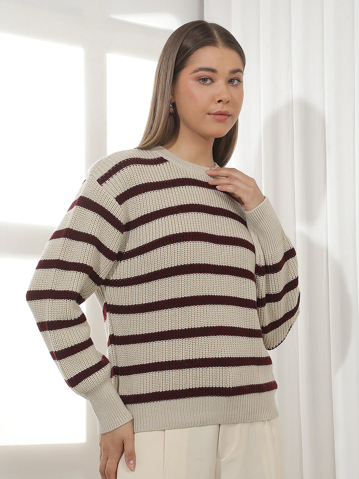 Beige Horizontal Stripes Acrylic Sweater
