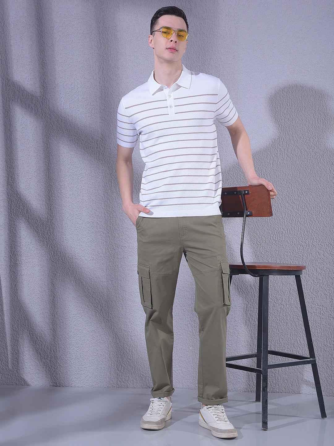 White Horizontal Stripes Polo Neck T-Shirt