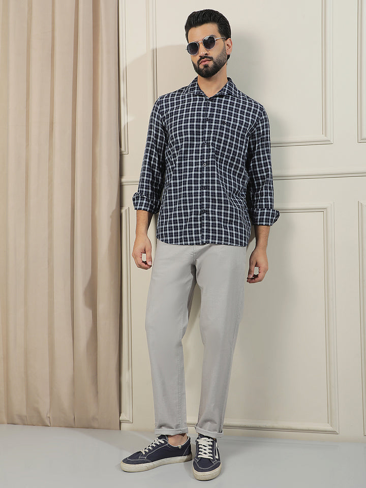Navy Blue 100% Cotton Checked Shirt