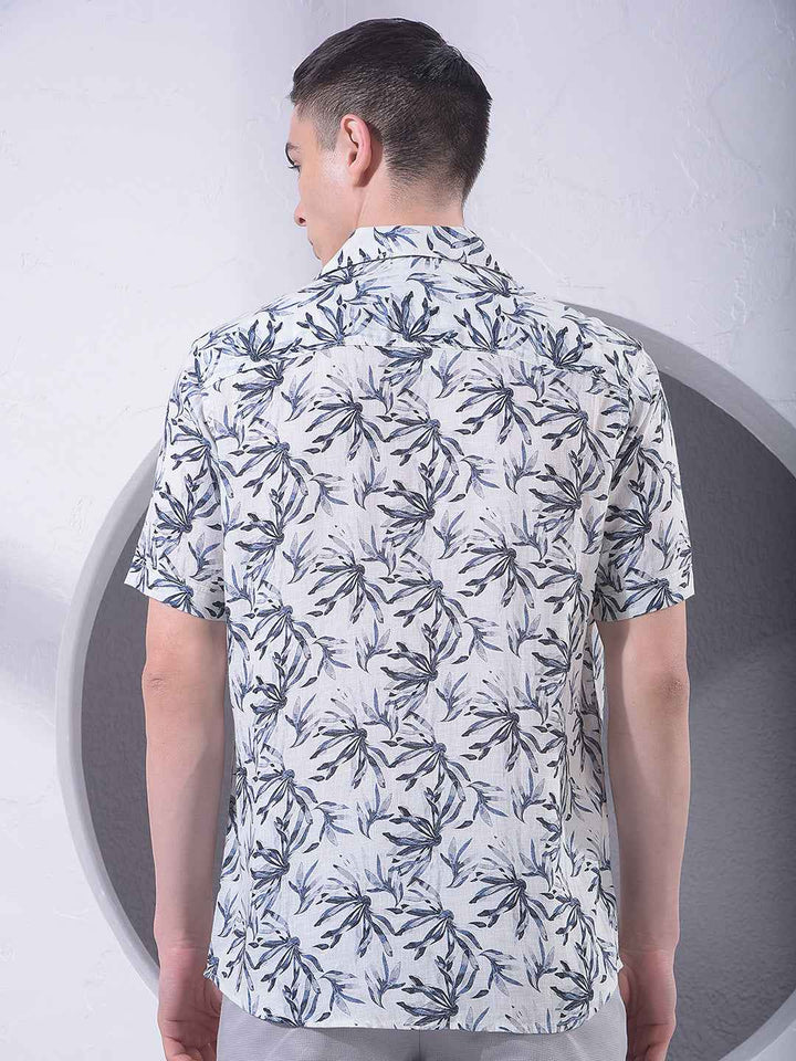 Blue Floral Print Linen Shirt