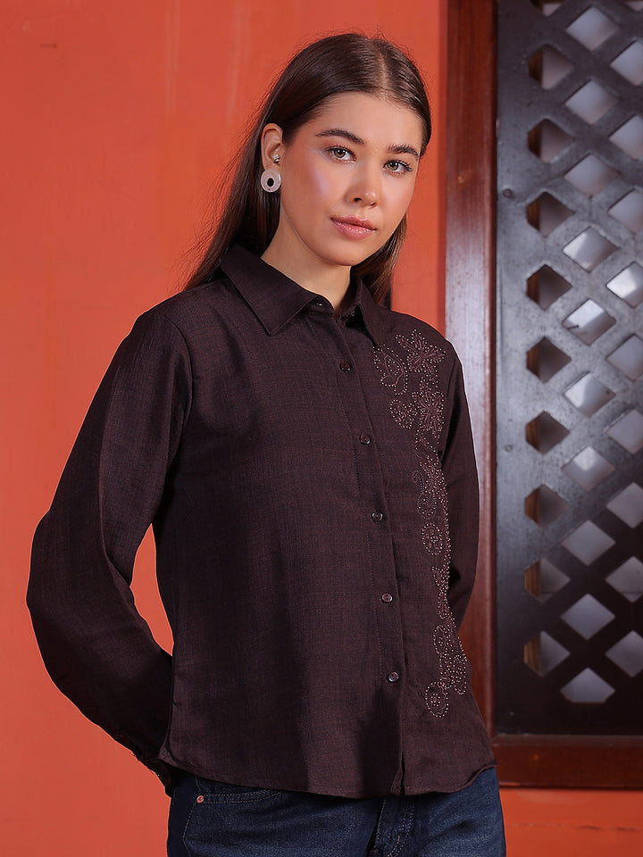 Brown Floral Embroidered Shirt