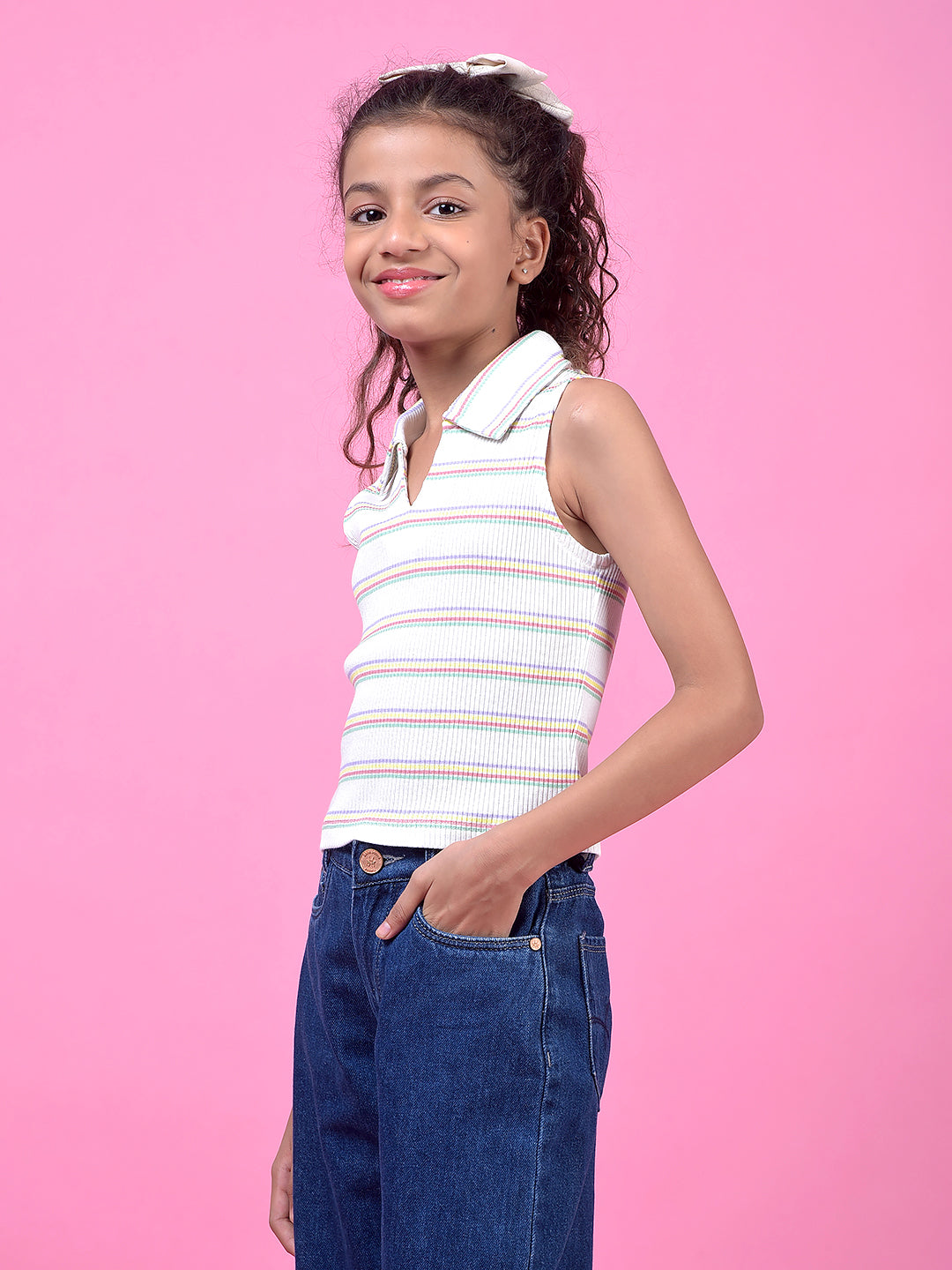 White Horizontal Stripes V-Neck Sleeveless Cropped T-Shirt