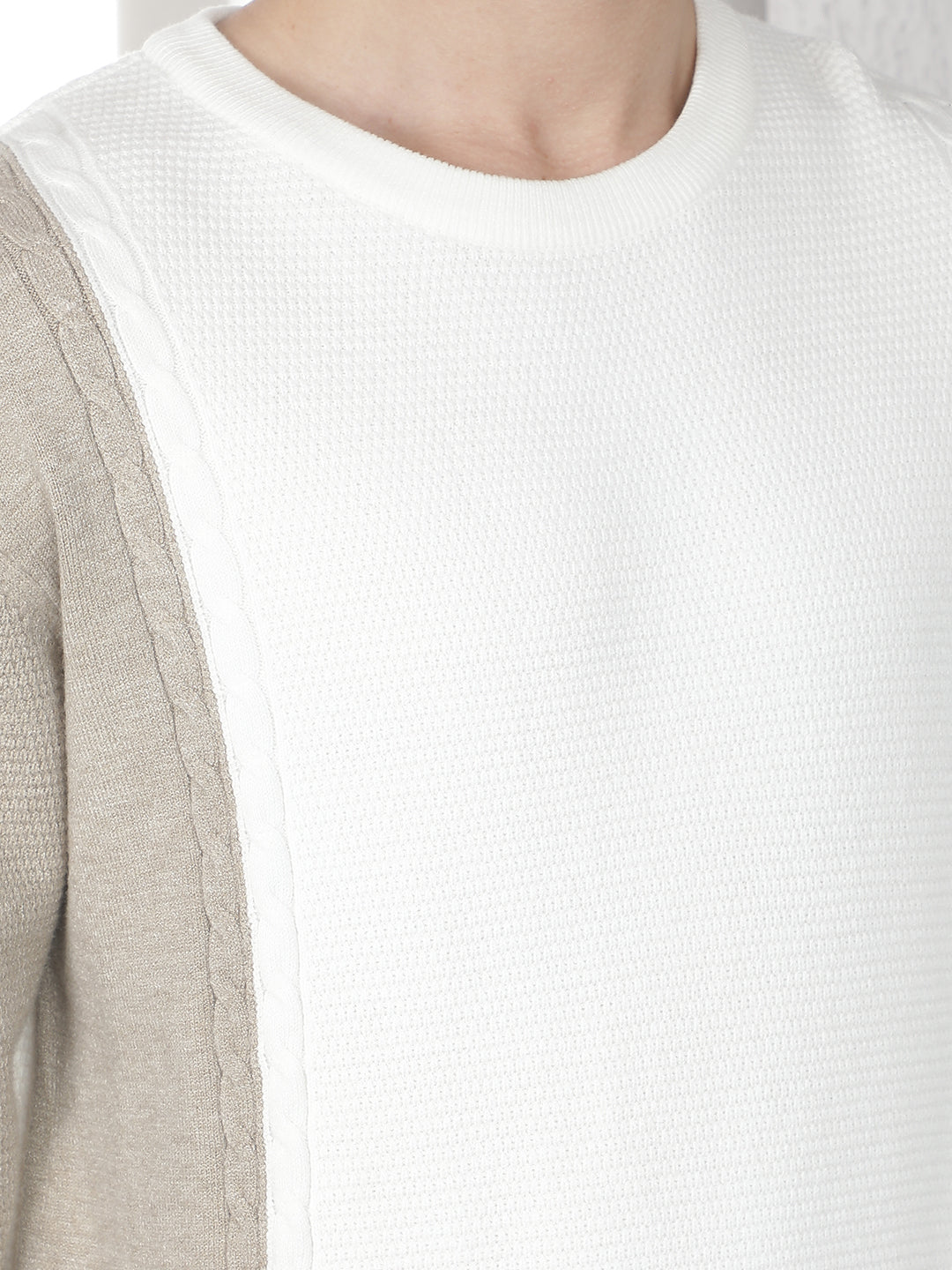 Beige Colorblocked Round Neck Sweater