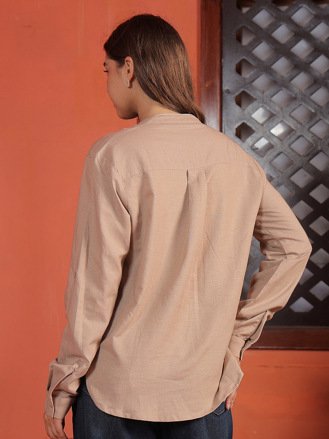 Beige Floral Embroidered V-Neck Shirt