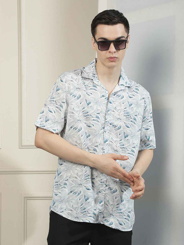 Blue Linen Floral Printed Shirt