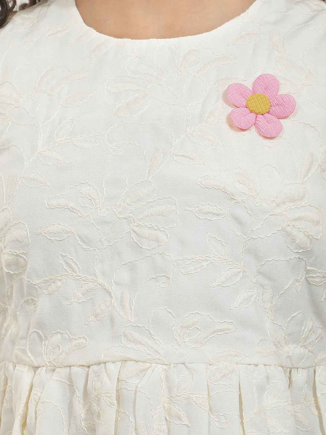 Cream Floral Above knee Length Dress with Belt