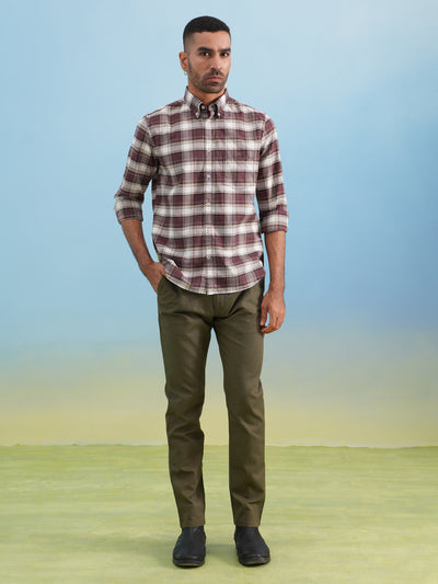 Wine Checked 100% Cotton Button-Down Collar Shirt