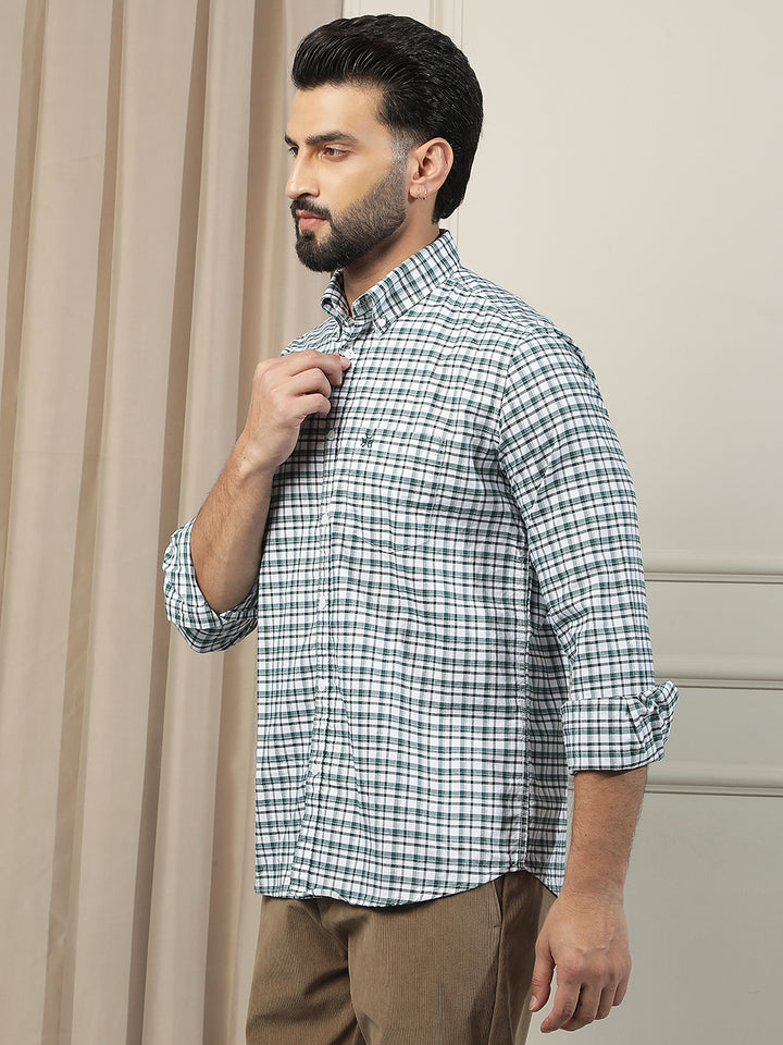 100% Cotton Green Checked Button Down Collar Shirt