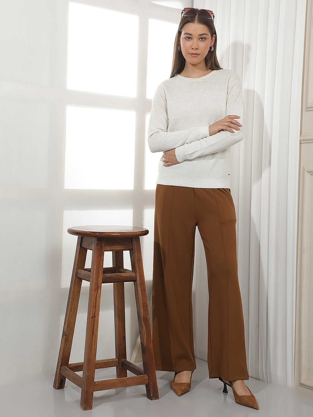 Chic Latte Beige Embellished Sweater