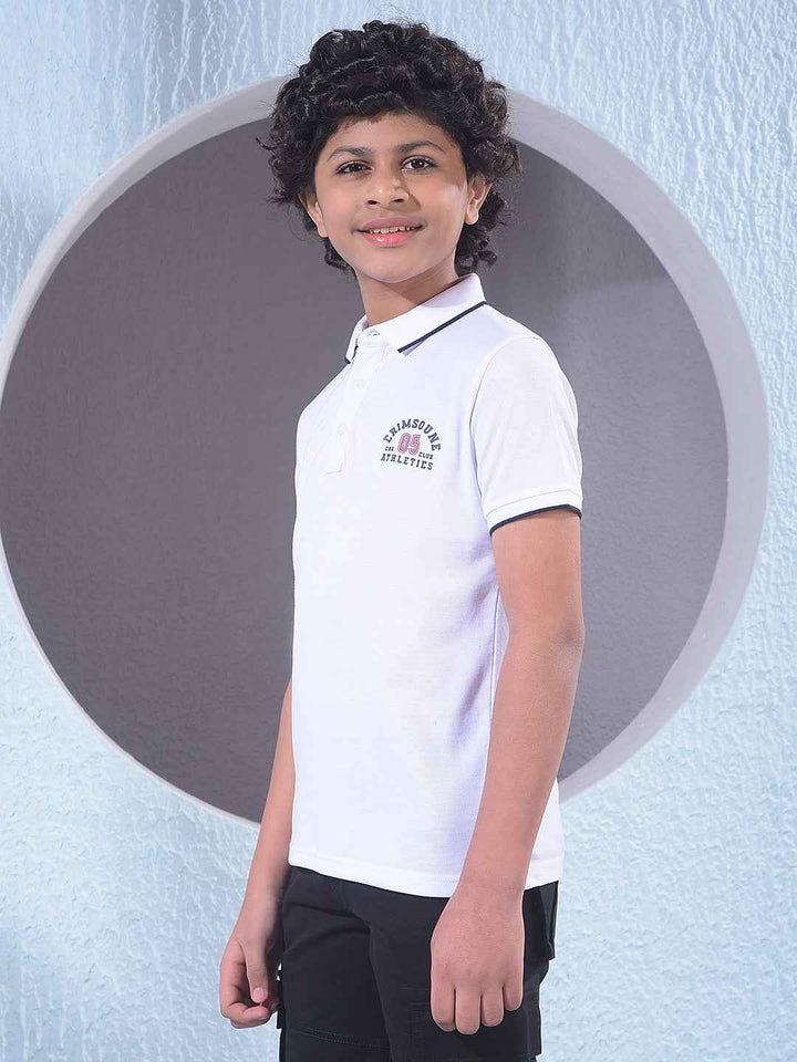 White Typographic Print Polo Neck T-Shirt